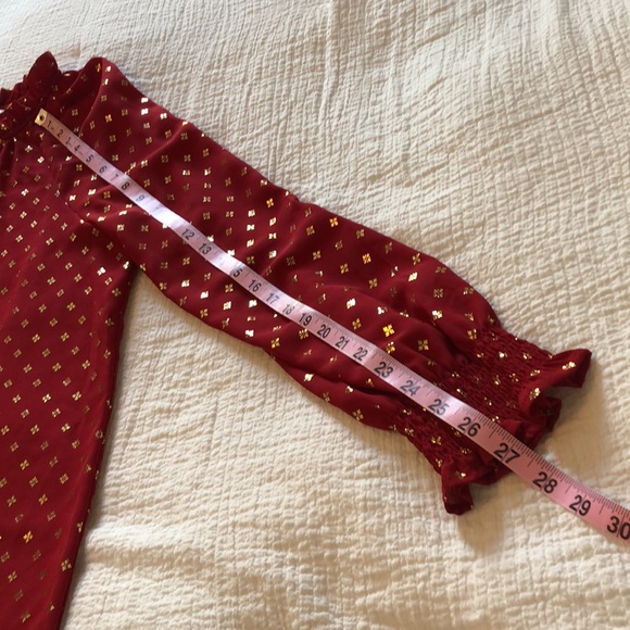 Time and Tru Red & Gold Dress Blouse w/ Ruched collar and Smocked Sleeve Cuffs - Picture 10 of 13